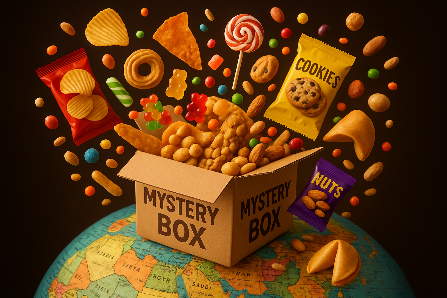 A Mystery Snack Box Opened with Snacks Spilling Out on a Globe Background