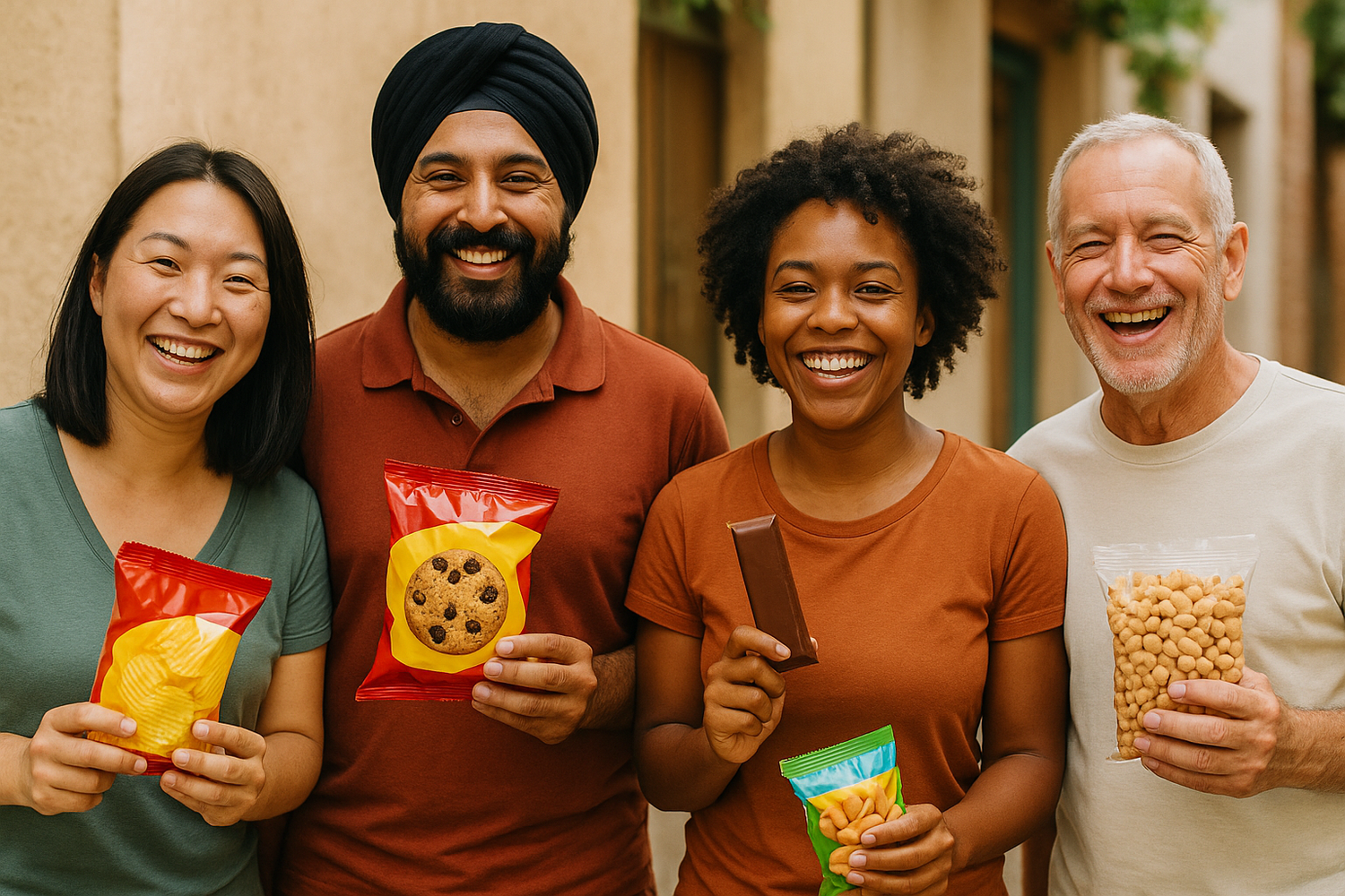 Smiling locals holding their favorite snacks